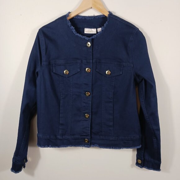 Kim Gravel, Belle, Medium Navy Denim Jacket with Gold Buttons and Frayed Trim - Picture 3 of 15